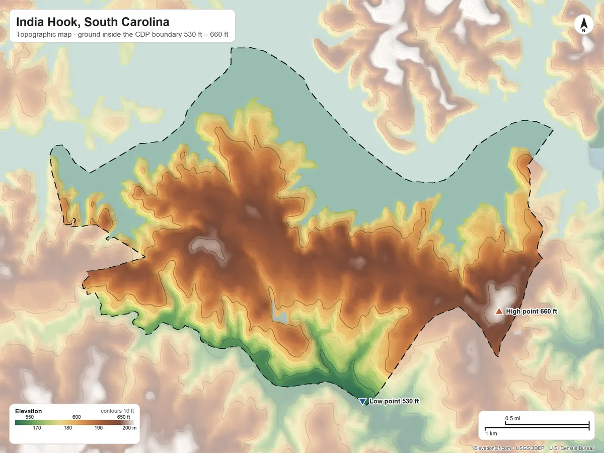 Topographic elevation map of India Hook, South Carolina, shaded from 530 ft on the south side to 660 ft on the southeast side