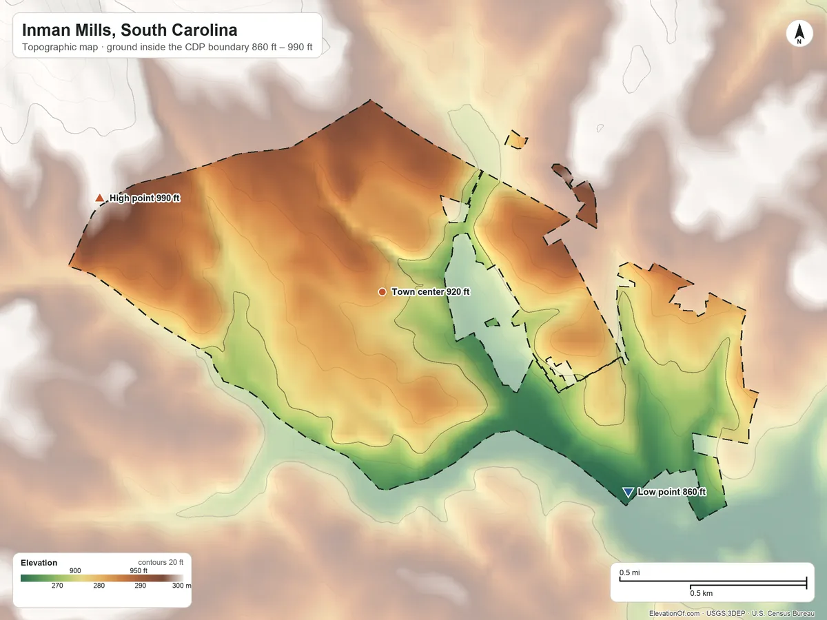 Topographic elevation map of Inman Mills, South Carolina, shaded from 860 ft on the southeast side to 990 ft on the west side