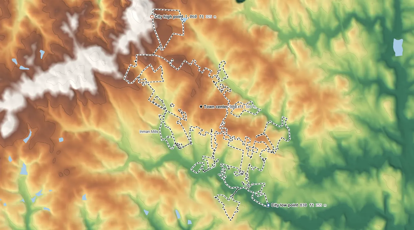 Topographic elevation map of Inman, South Carolina, shaded from 830 ft on the southeast side to 1,060 ft on the northwest side