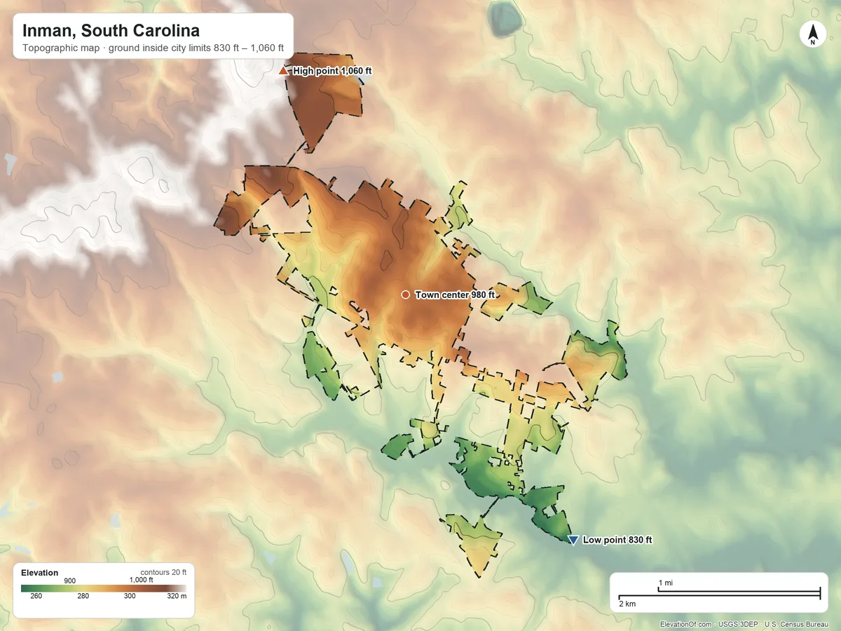 Topographic elevation map of Inman, South Carolina, shaded from 830 ft on the southeast side to 1,060 ft on the northwest side