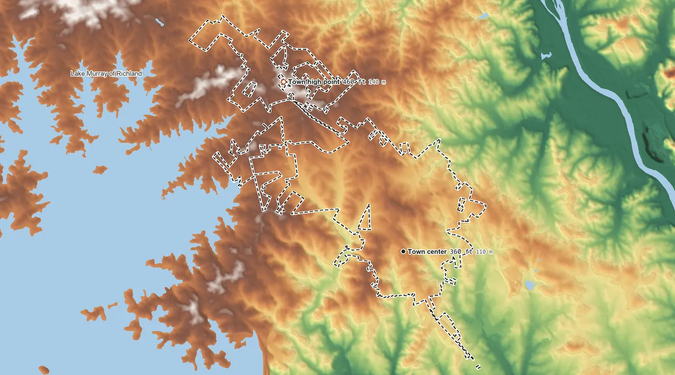 Topographic elevation map of Irmo, South Carolina, shaded from 190 ft on the southeast side to 460 ft on the northwest side