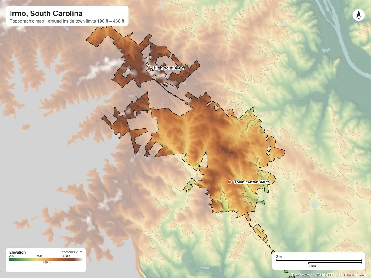Topographic elevation map of Irmo, South Carolina, shaded from 190 ft on the southeast side to 460 ft on the northwest side