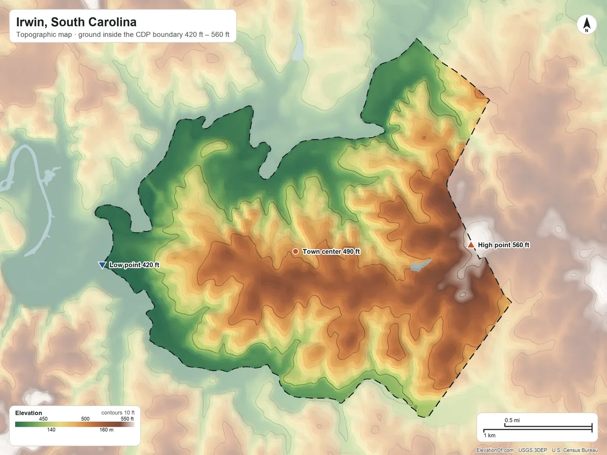 Topographic elevation map of Irwin, South Carolina, shaded from 420 ft on the west side to 560 ft on the east side