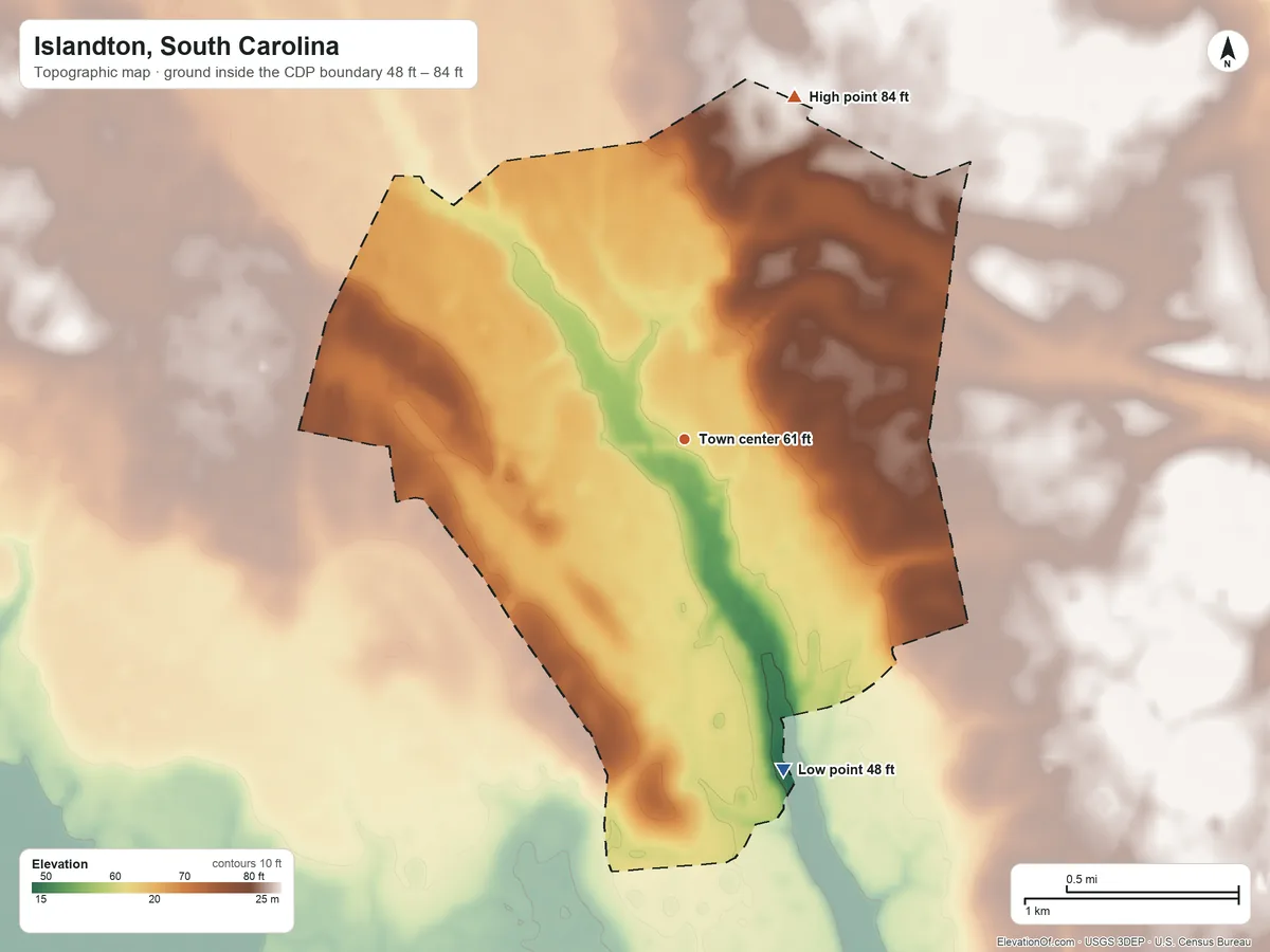 Topographic elevation map of Islandton, South Carolina, shaded from 48 ft on the south side to 84 ft on the north side