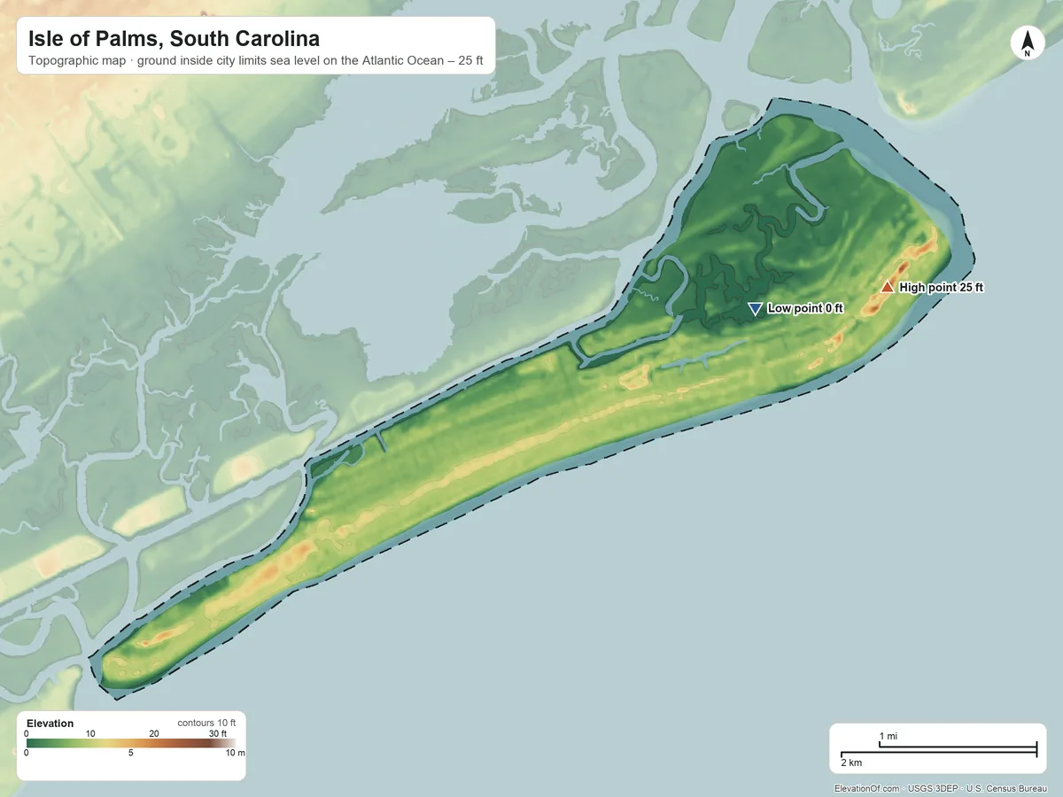 Topographic elevation map of Isle of Palms, South Carolina, shaded from sea level level on the Atlantic Ocean to 25 ft on the northeast side
