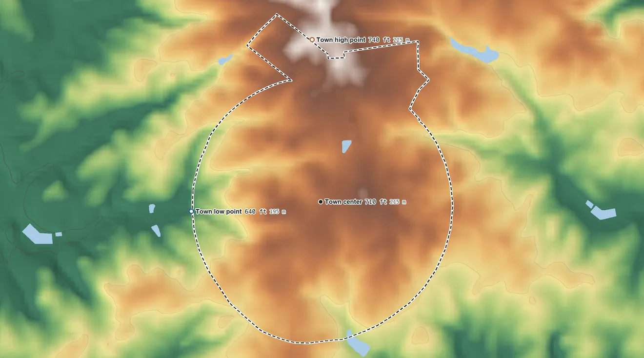 Topographic elevation map of Iva, South Carolina, shaded from 640 ft on the west side to 740 ft on the north side
