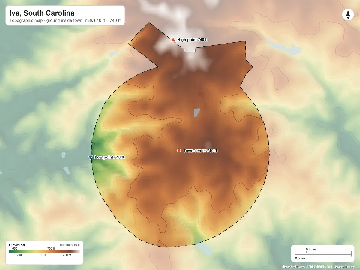 Topographic elevation map of Iva, South Carolina, shaded from 640 ft on the west side to 740 ft on the north side
