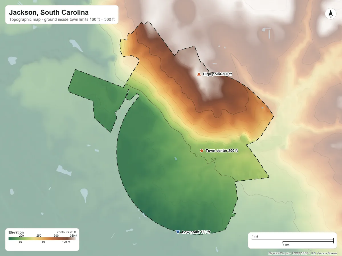 Topographic elevation map of Jackson, South Carolina, shaded from 160 ft on the south side to 360 ft on the north side