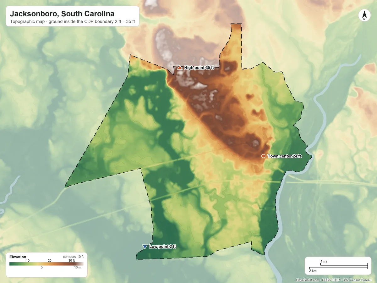Topographic elevation map of Jacksonboro, South Carolina, shaded from 2 ft on the southwest side to 35 ft on the northwest side