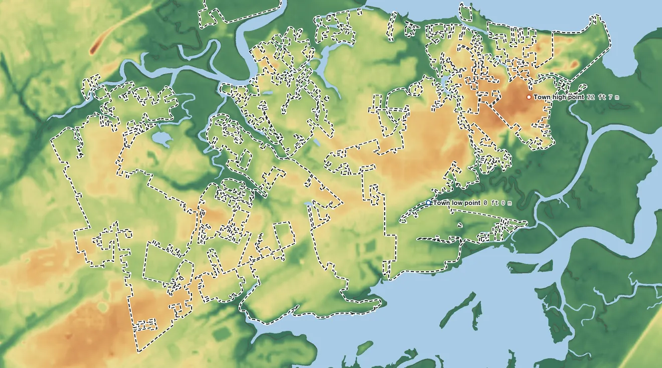 Topographic elevation map of James Island, South Carolina, shaded from sea level level on Clark Sound to 22 ft on the east side