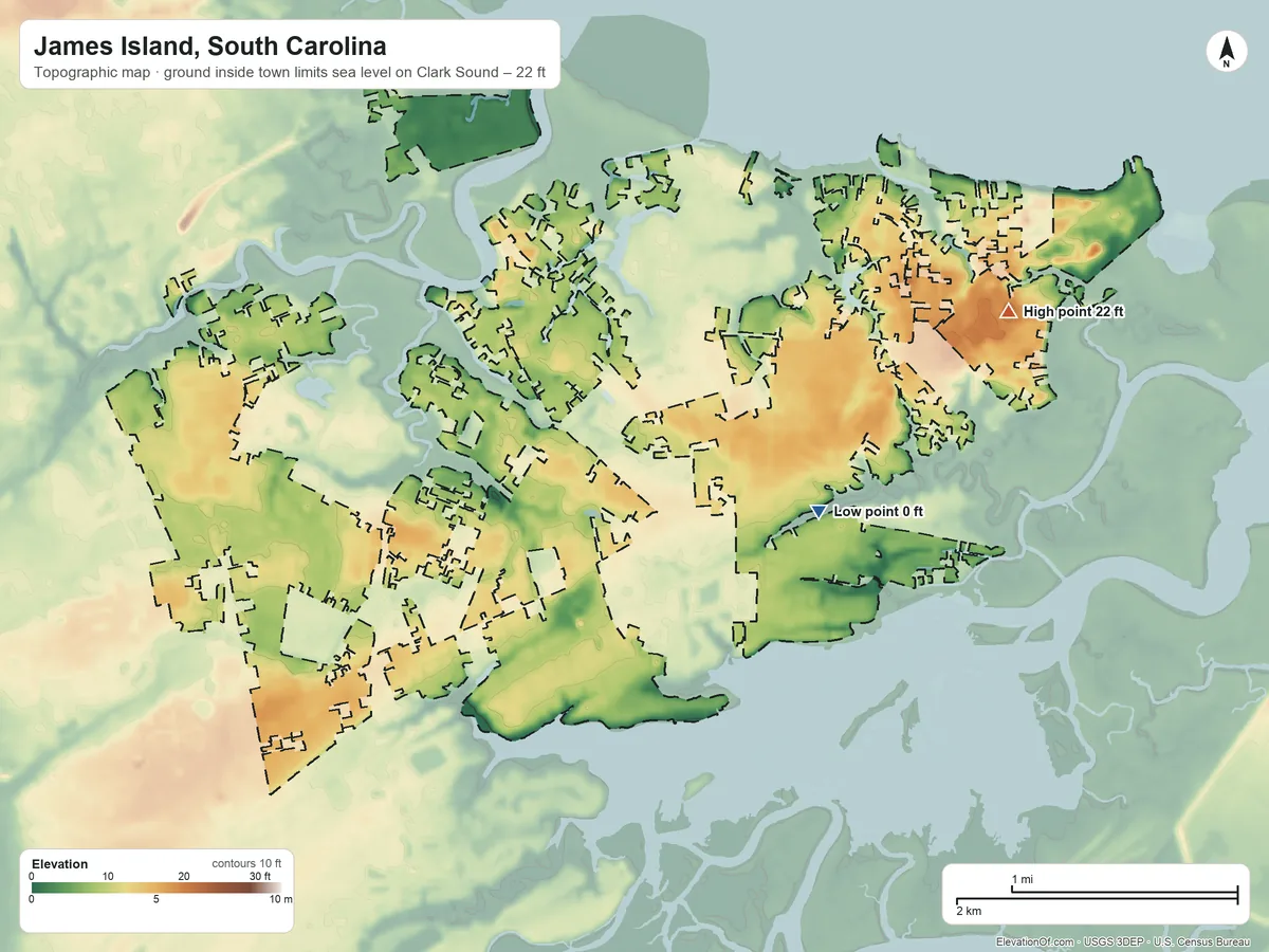 Topographic elevation map of James Island, South Carolina, shaded from sea level level on Clark Sound to 22 ft on the east side