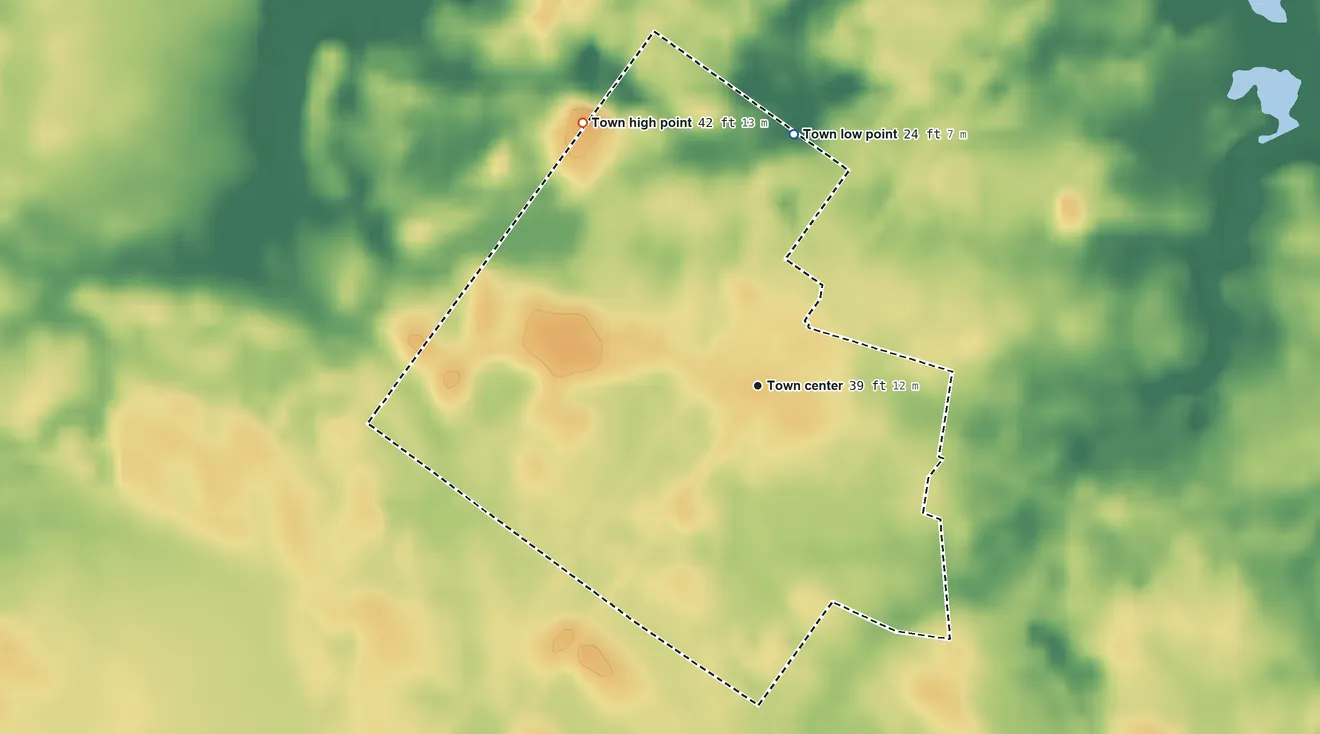 Topographic elevation map of Jamestown, South Carolina, shaded from 24 ft on the north side to 42 ft on the northwest side