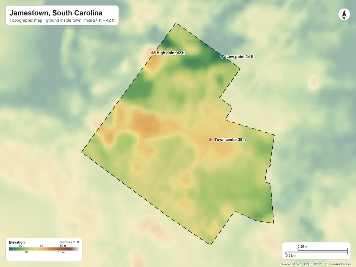 Topographic elevation map of Jamestown, South Carolina, shaded from 24 ft on the north side to 42 ft on the northwest side