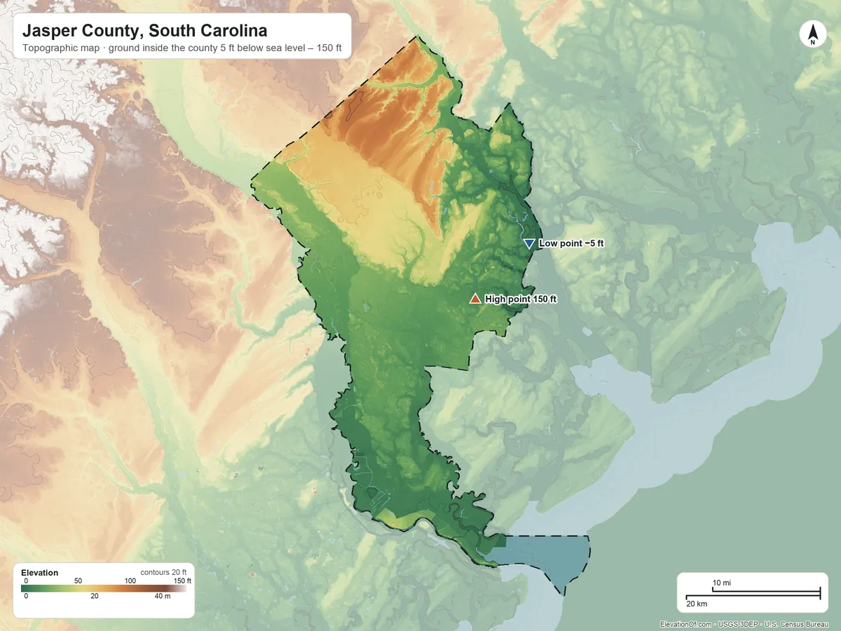 Topographic elevation map of Jasper County, South Carolina, shaded from 5 ft below sea level on the northeast side to 150 ft near the middle
