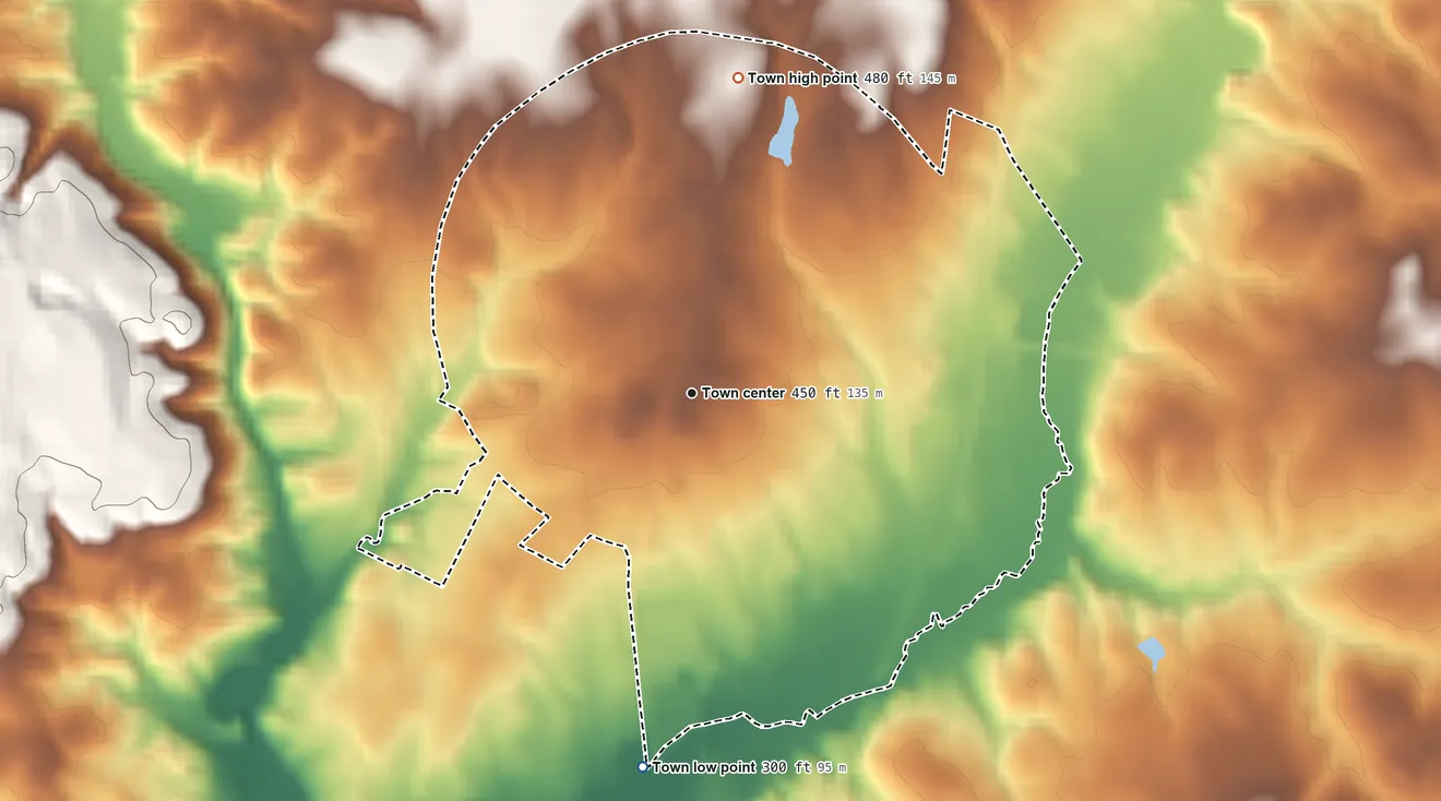 Topographic elevation map of Jefferson, South Carolina, shaded from 300 ft on the south side to 480 ft on the north side