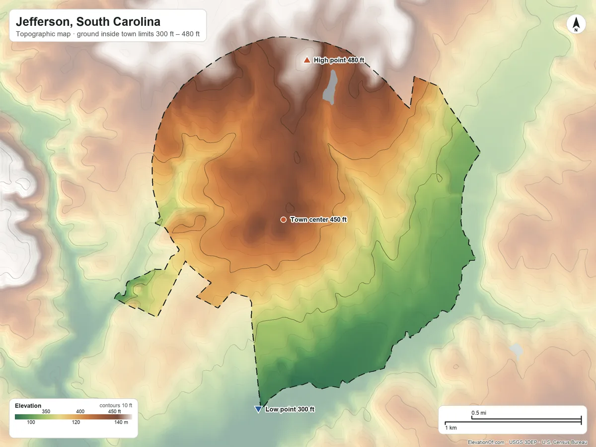 Topographic elevation map of Jefferson, South Carolina, shaded from 300 ft on the south side to 480 ft on the north side