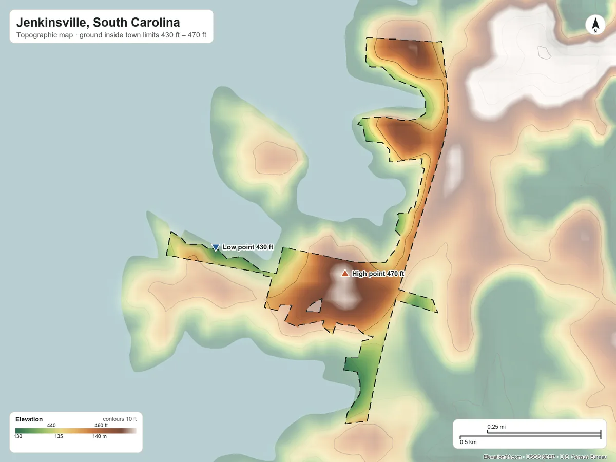 Topographic elevation map of Jenkinsville, South Carolina, shaded from 430 ft on the west side to 470 ft near the middle