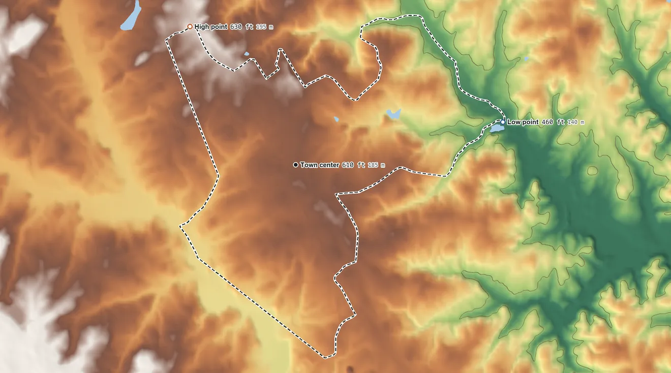 Topographic elevation map of Joanna, South Carolina, shaded from 460 ft on the east side to 630 ft on the northwest side