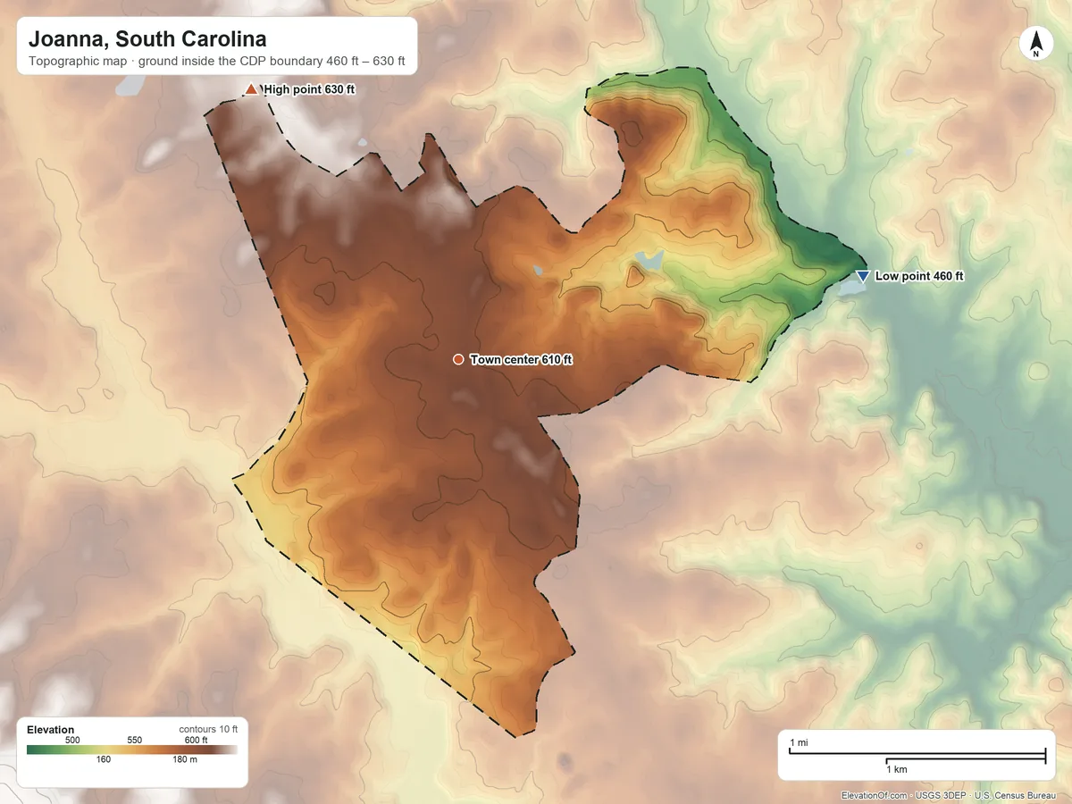 Topographic elevation map of Joanna, South Carolina, shaded from 460 ft on the east side to 630 ft on the northwest side