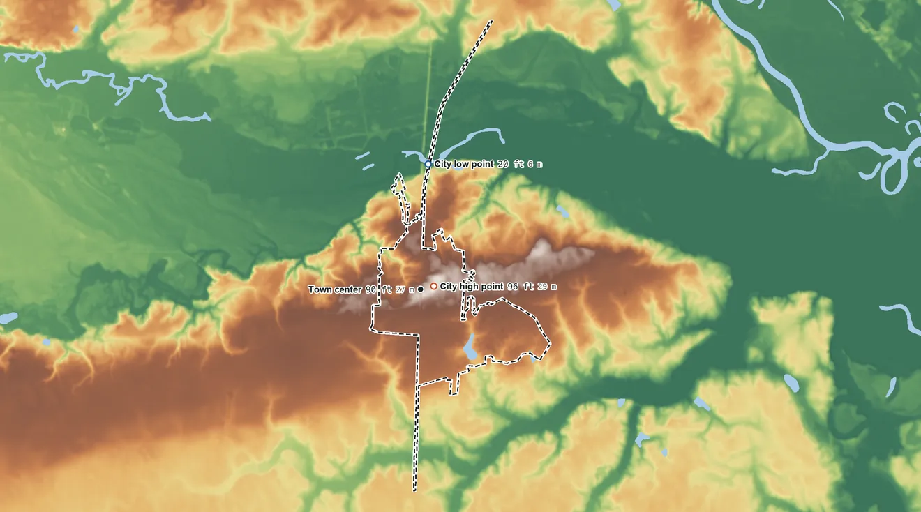 Topographic elevation map of Johnsonville, South Carolina, shaded from 20 ft on the north side to 96 ft near the middle