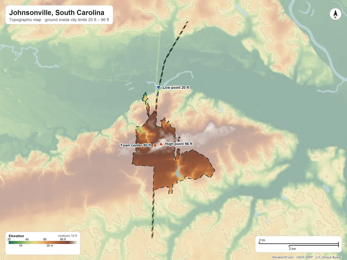 Topographic elevation map of Johnsonville, South Carolina, shaded from 20 ft on the north side to 96 ft near the middle