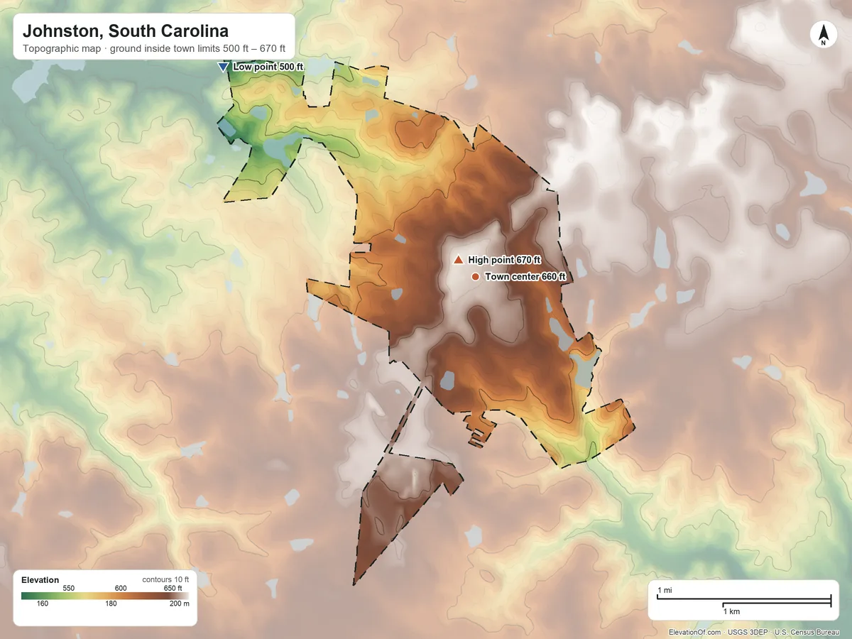 Topographic elevation map of Johnston, South Carolina, shaded from 500 ft on the northwest side to 670 ft near the middle