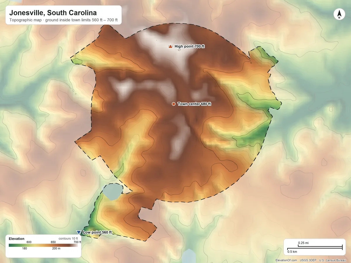 Topographic elevation map of Jonesville, South Carolina, shaded from 560 ft on the southwest side to 700 ft on the north side