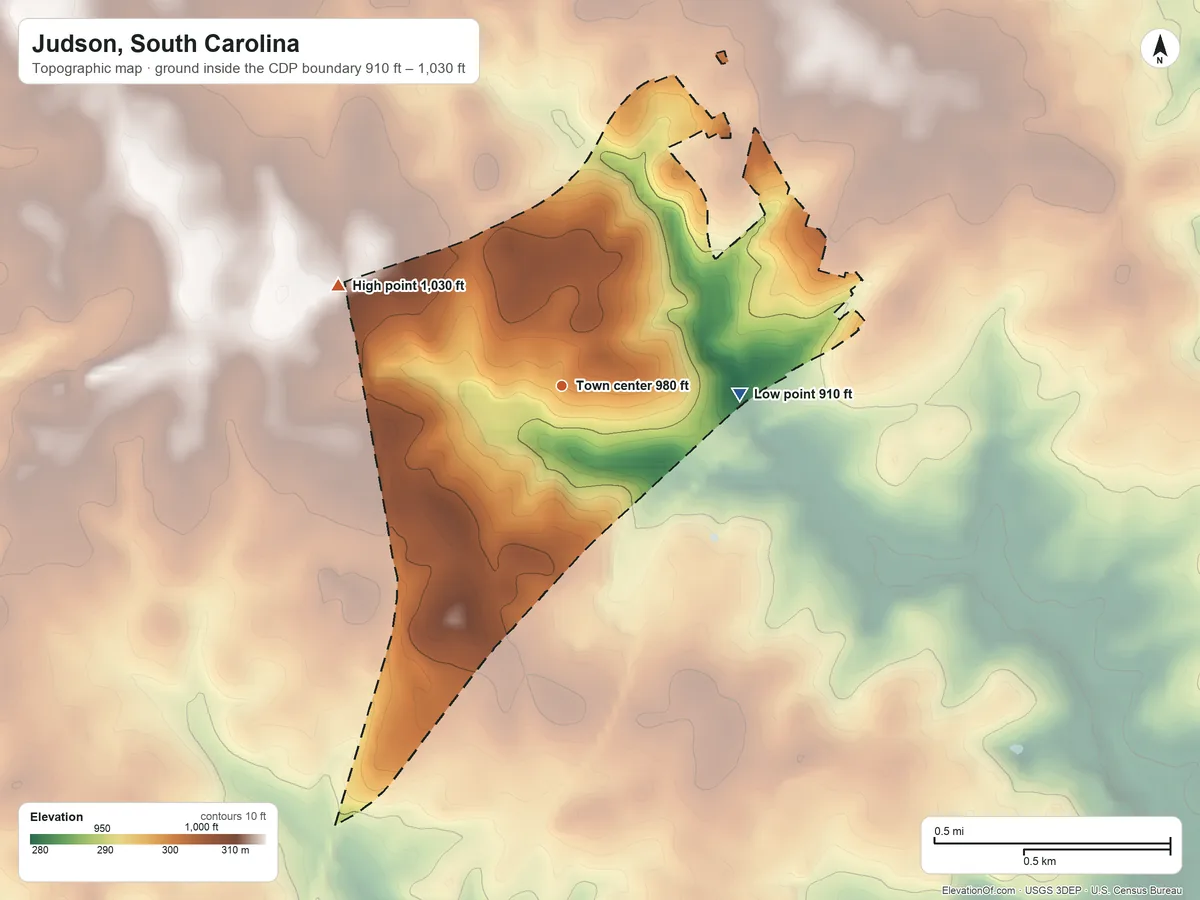 Topographic elevation map of Judson, South Carolina, shaded from 910 ft on the east side to 1,030 ft on the northwest side