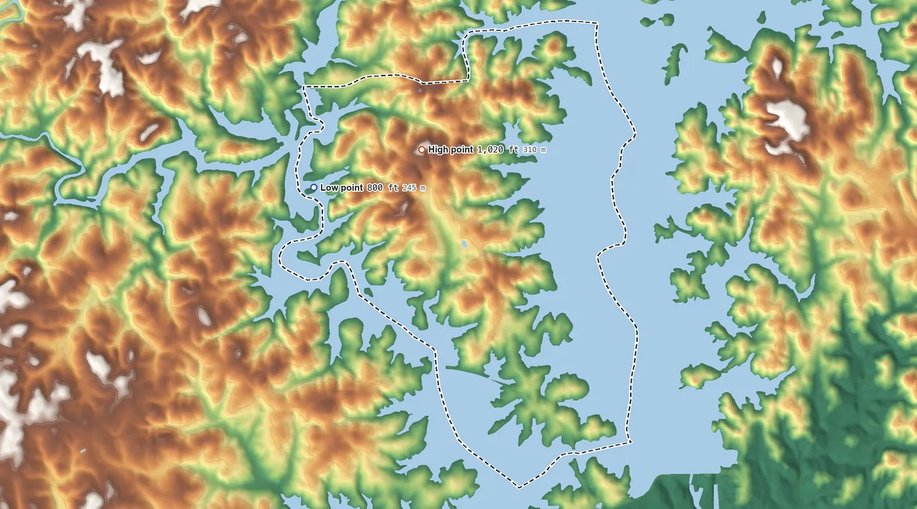 Topographic elevation map of Keowee Key, South Carolina, shaded from 800 ft on the west side to 1,020 ft near the middle