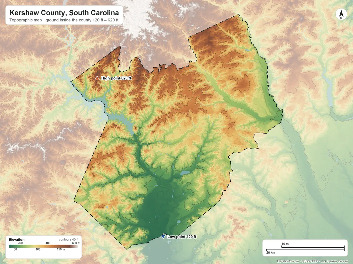 Topographic elevation map of Kershaw County, South Carolina, shaded from 120 ft on the south side to 620 ft on the northwest side