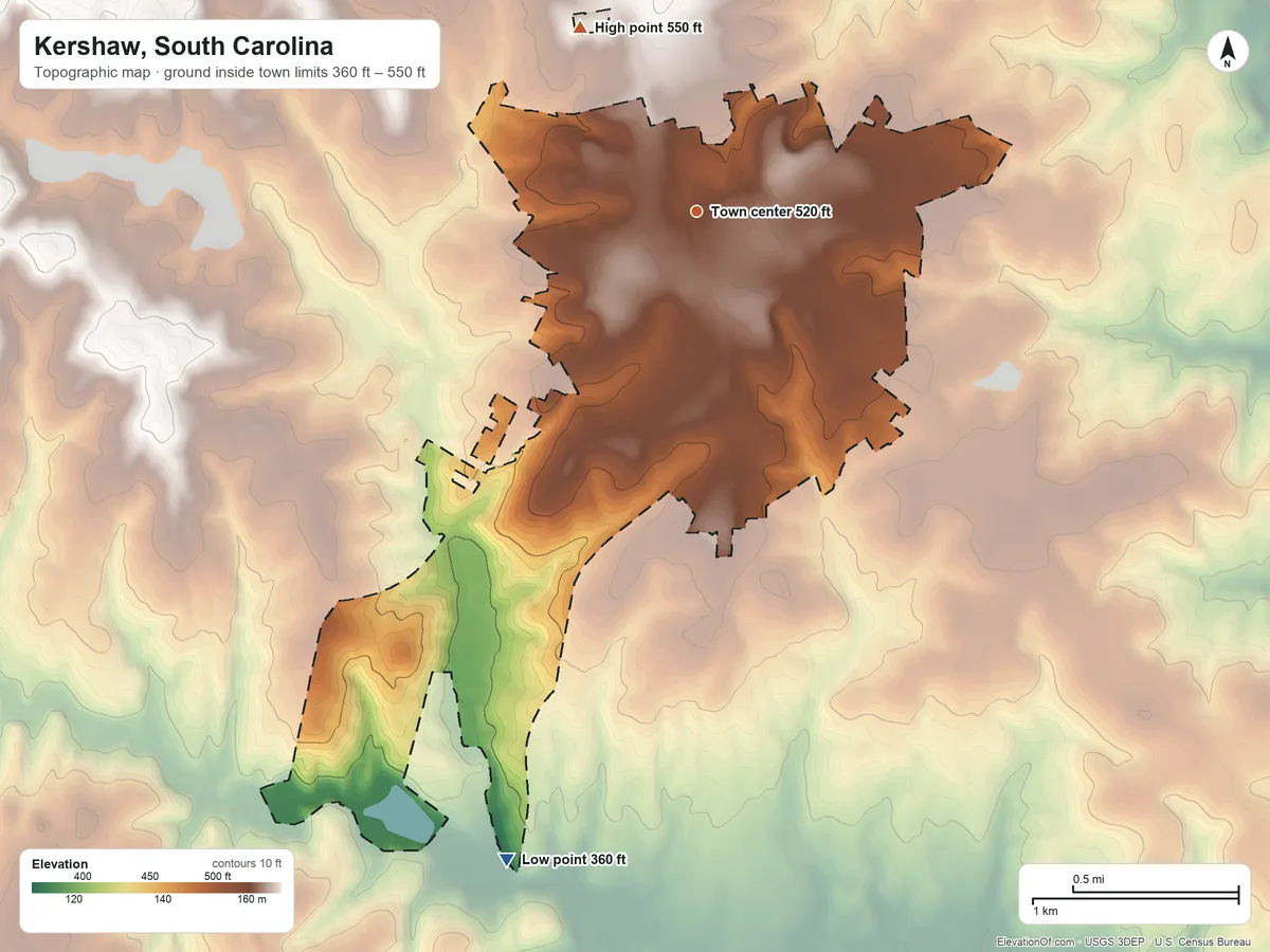 Topographic elevation map of Kershaw, South Carolina, shaded from 360 ft on the south side to 550 ft on the northwest side
