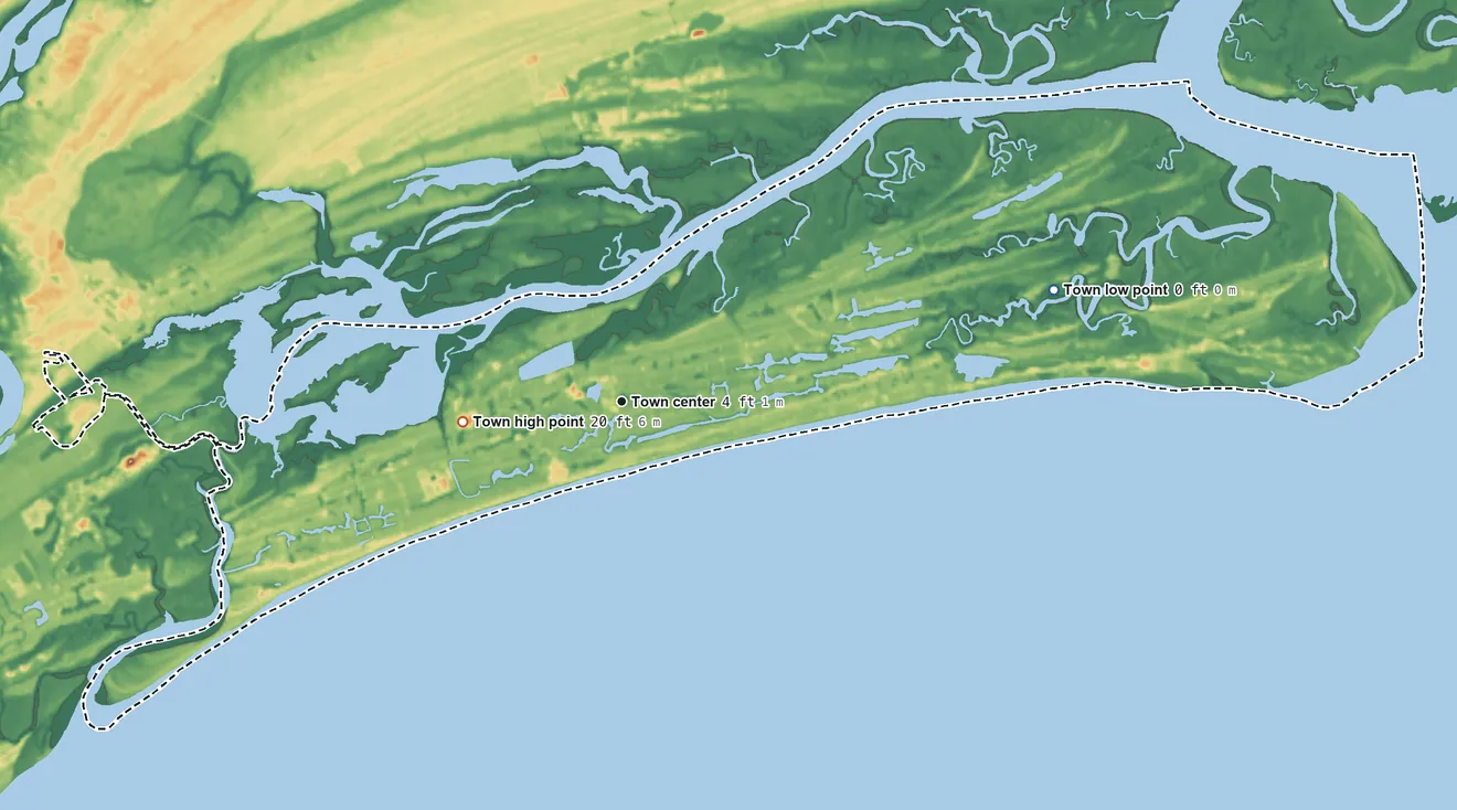 Topographic elevation map of Kiawah Island, South Carolina, shaded from sea level level on the Atlantic Ocean to 20 ft on the west side