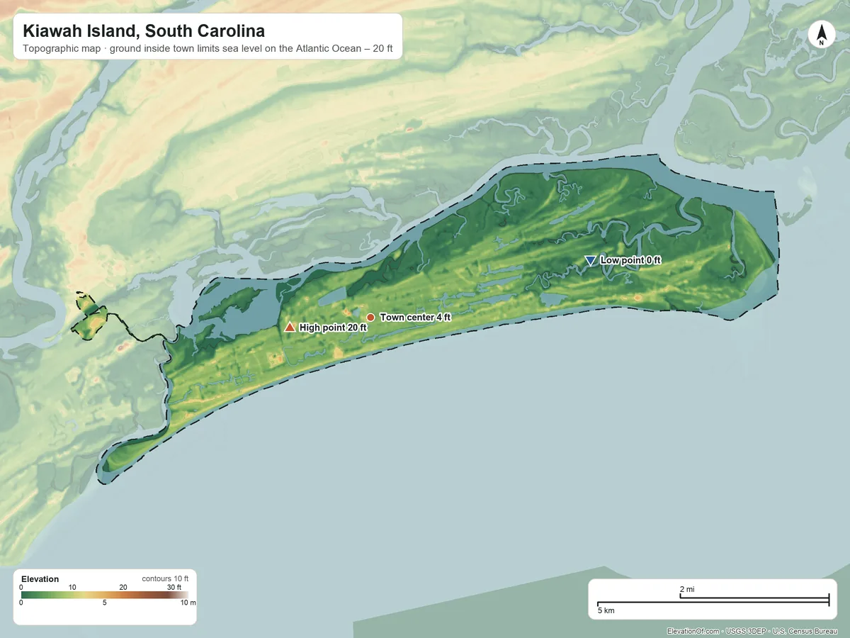 Topographic elevation map of Kiawah Island, South Carolina, shaded from sea level level on the Atlantic Ocean to 20 ft on the west side