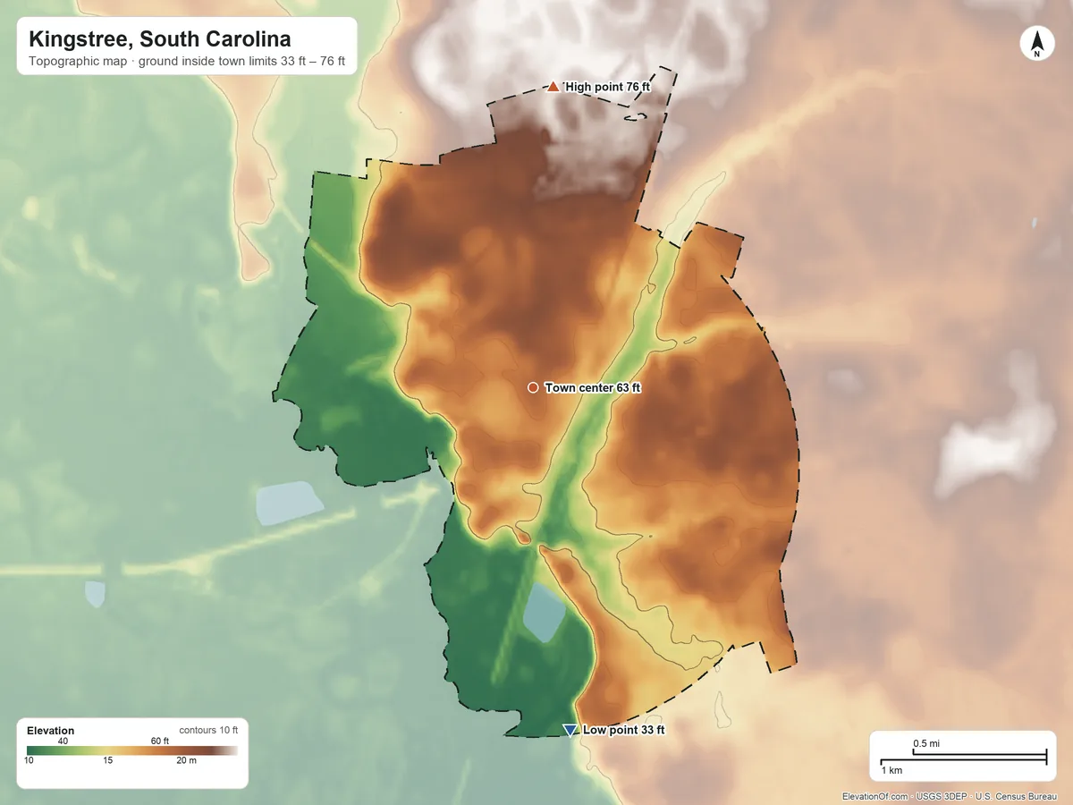 Topographic elevation map of Kingstree, South Carolina, shaded from 33 ft on the south side to 76 ft on the north side