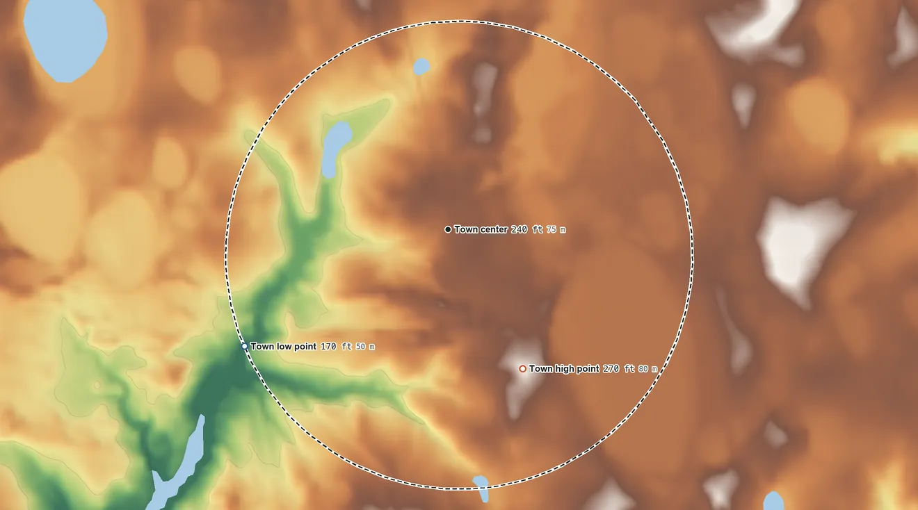 Topographic elevation map of Kline, South Carolina, shaded from 170 ft on the southwest side to 270 ft on the southeast side