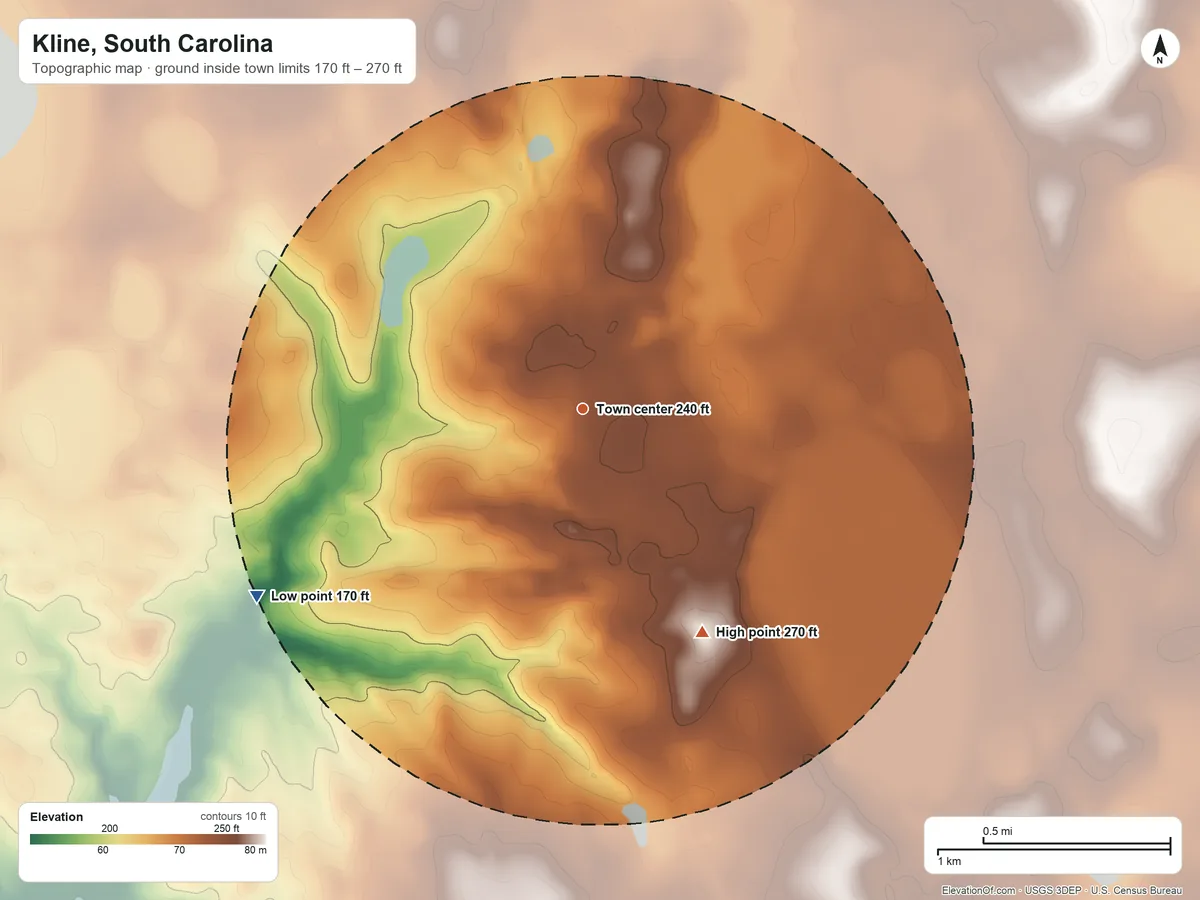 Topographic elevation map of Kline, South Carolina, shaded from 170 ft on the southwest side to 270 ft on the southeast side