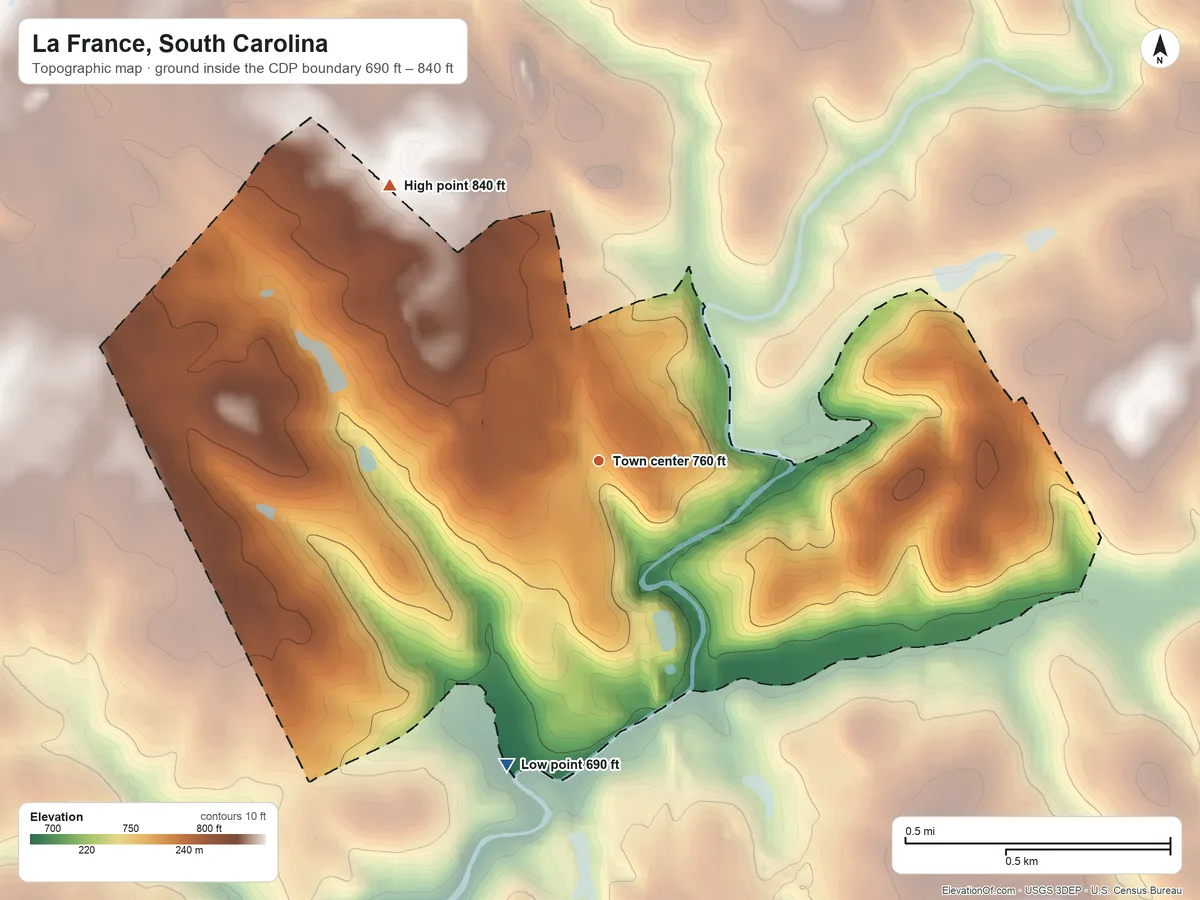 Topographic elevation map of La France, South Carolina, shaded from 690 ft on the south side to 840 ft on the northwest side