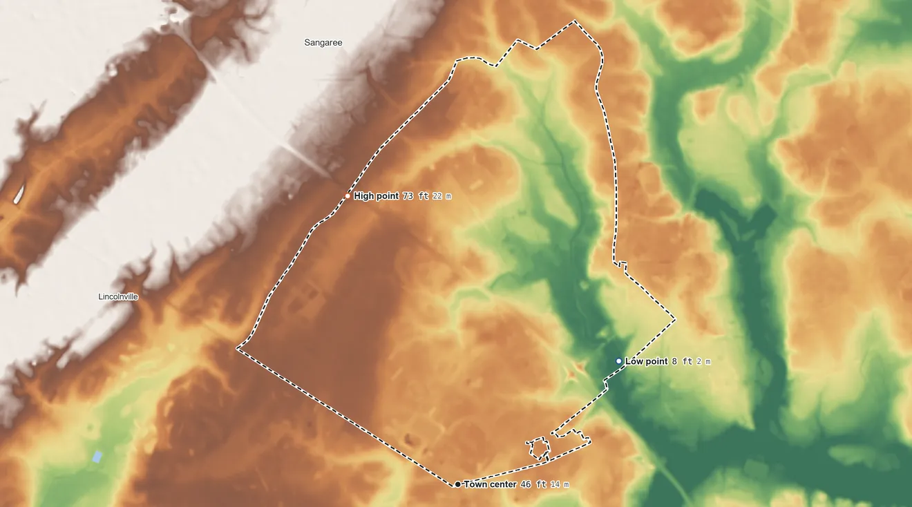 Topographic elevation map of Ladson, South Carolina, shaded from 8 ft on the northeast side to 73 ft on the north side