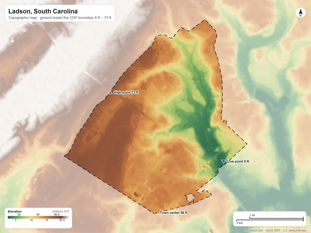 Topographic elevation map of Ladson, South Carolina, shaded from 8 ft on the northeast side to 73 ft on the north side