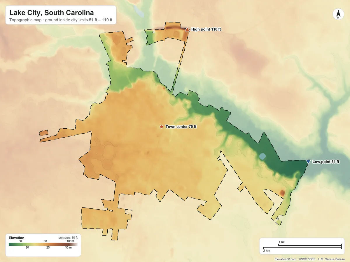 Topographic elevation map of Lake City, South Carolina, shaded from 51 ft on the east side to 110 ft on the north side