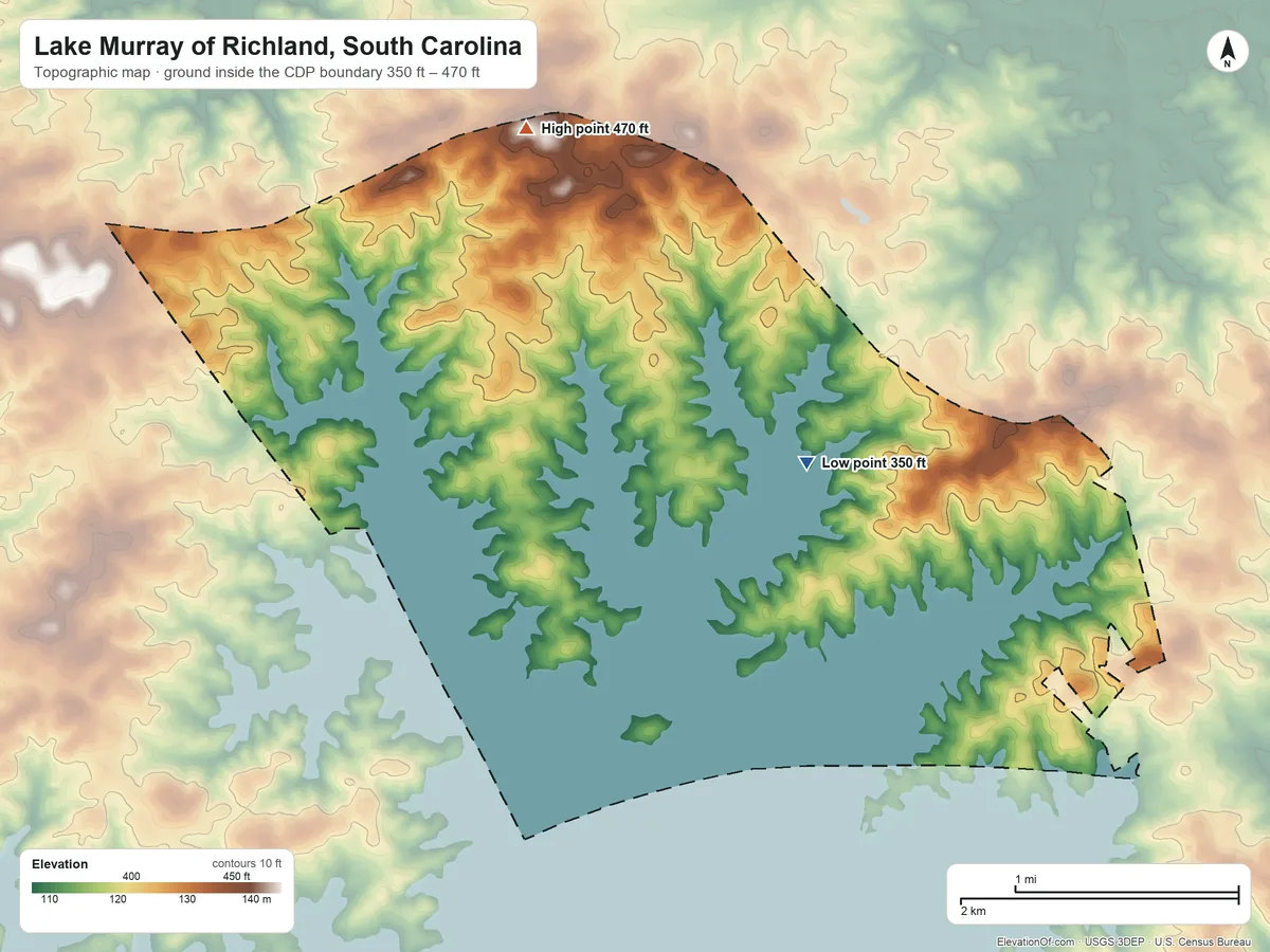 Topographic elevation map of Lake Murray of Richland, South Carolina, shaded from 350 ft on the southeast side to 470 ft on the northwest side