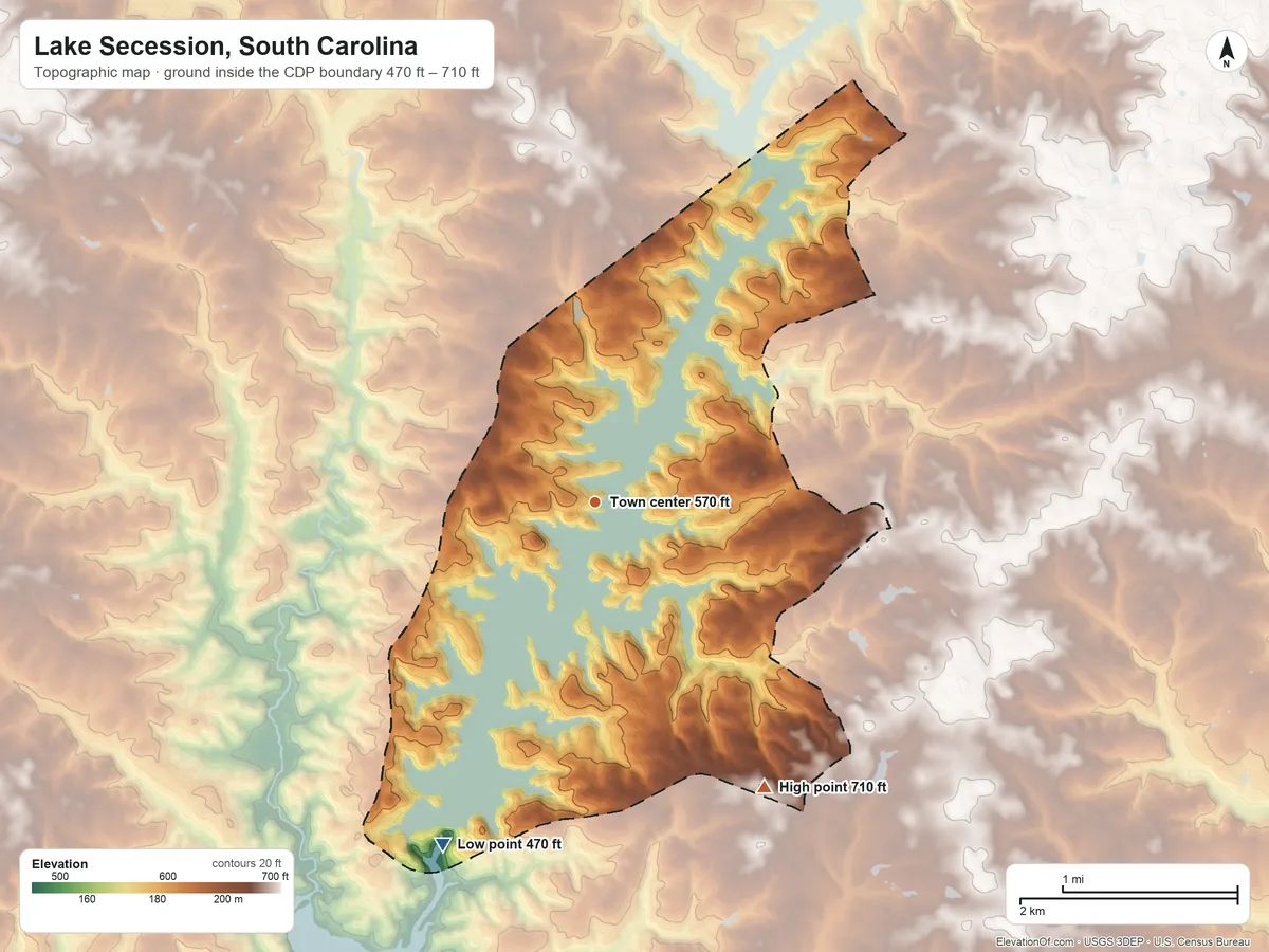 Topographic elevation map of Lake Secession, South Carolina, shaded from 470 ft on the southwest side to 710 ft on the southeast side