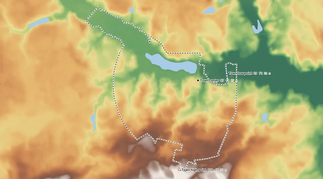 Topographic elevation map of Lake View, South Carolina, shaded from 69 ft on the east side to 120 ft on the south side