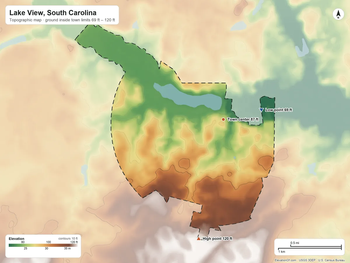 Topographic elevation map of Lake View, South Carolina, shaded from 69 ft on the east side to 120 ft on the south side