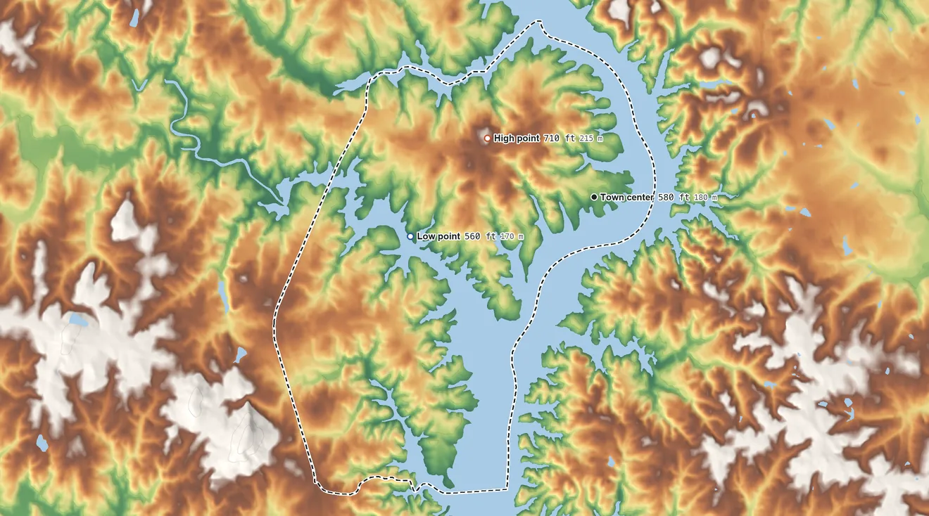 Topographic elevation map of Lake Wylie, South Carolina, shaded from 560 ft on the west side to 710 ft on the northwest side