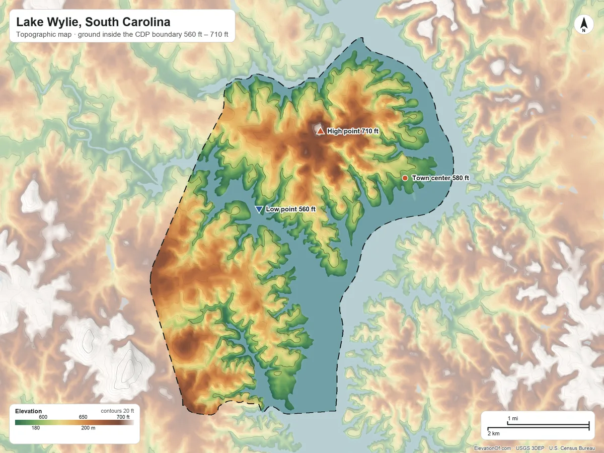 Topographic elevation map of Lake Wylie, South Carolina, shaded from 560 ft on the west side to 710 ft on the northwest side