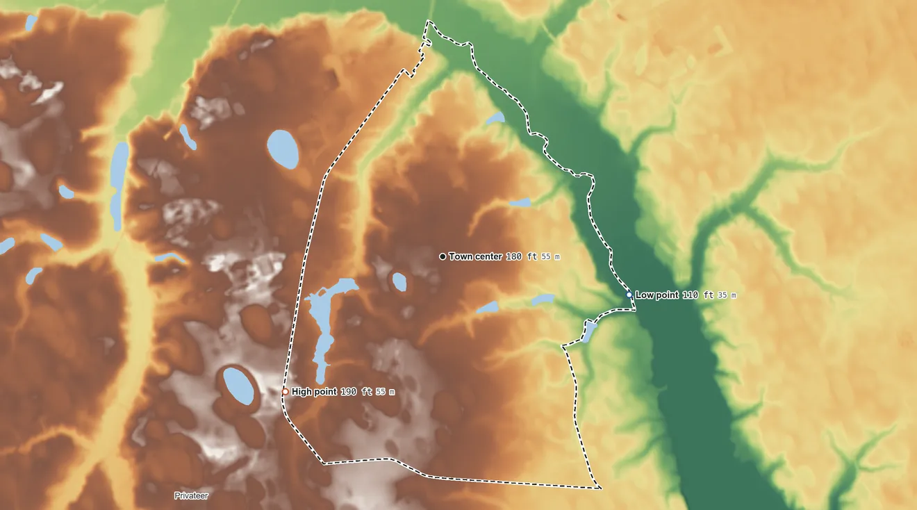 Topographic elevation map of Lakewood, South Carolina, shaded from 110 ft on the east side to 190 ft on the southwest side