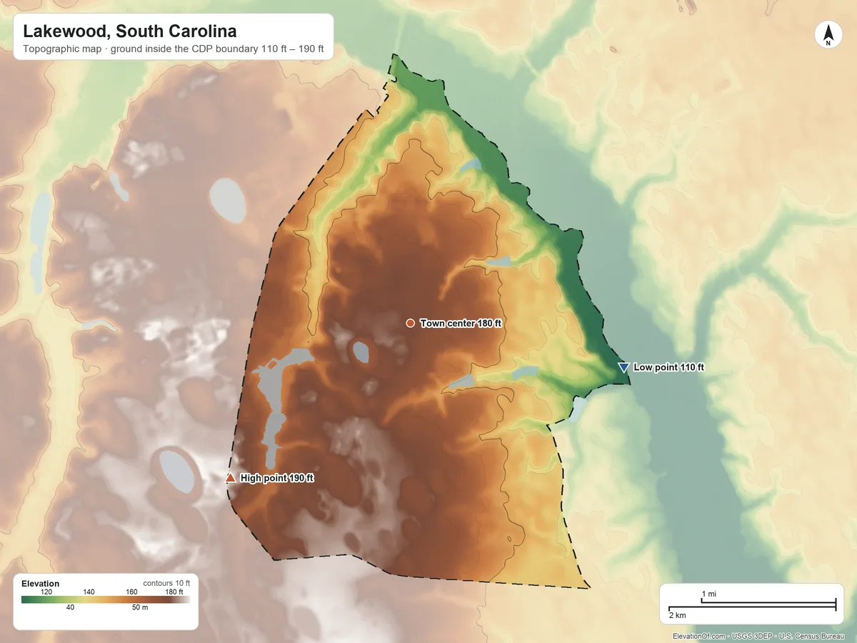 Topographic elevation map of Lakewood, South Carolina, shaded from 110 ft on the east side to 190 ft on the southwest side