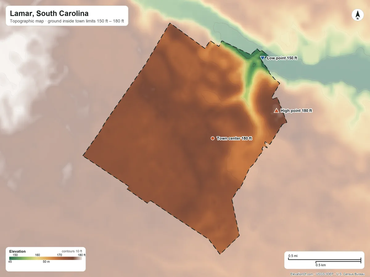 Topographic elevation map of Lamar, South Carolina, shaded from 150 ft on the northeast side to 180 ft on the northeast side