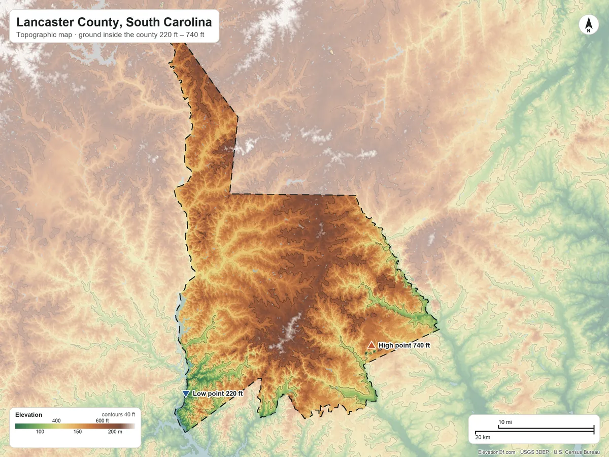 Topographic elevation map of Lancaster County, South Carolina, shaded from 220 ft on the southwest side to 740 ft on the southeast side